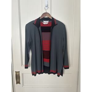 Exclusively Misook Striped 2 Piece Cardigan Set Womens Size MP Red Gray Classic